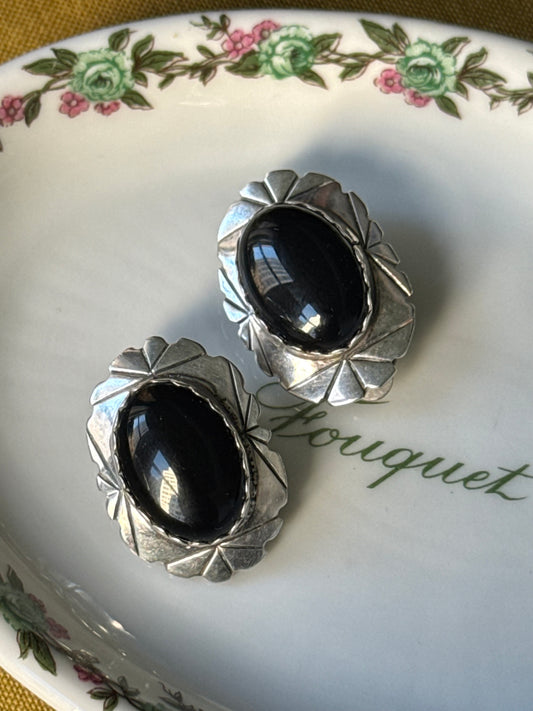 Silver & Onyx Concho Clip Earrings