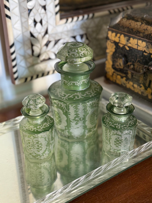 Set of 3 Antique Bohemian Glass Bottles