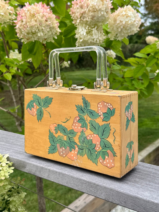 Vintage Wooden Box Purse with Lucite Handles