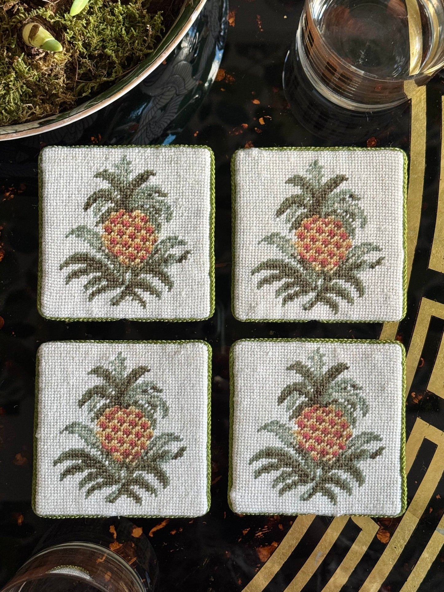 Needlepoint Pineapple Coaster Set