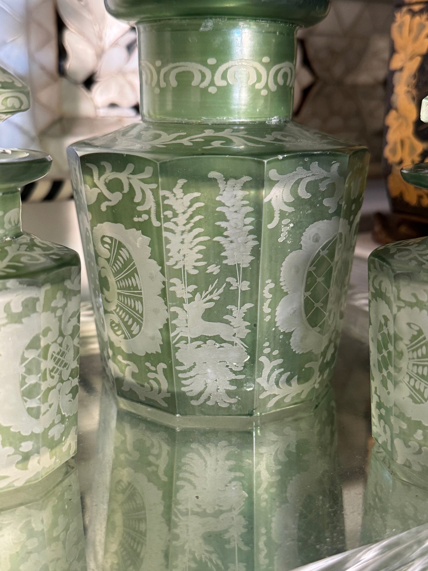 Set of 3 Antique Bohemian Glass Bottles