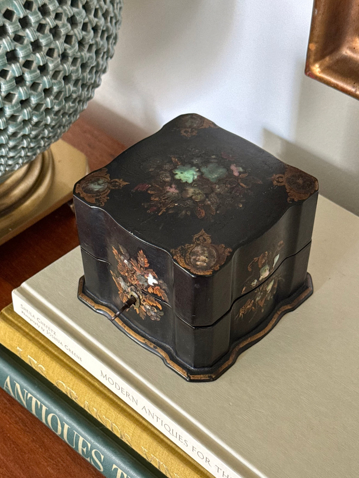 Antique Victorian Papier Mâché Box with Key