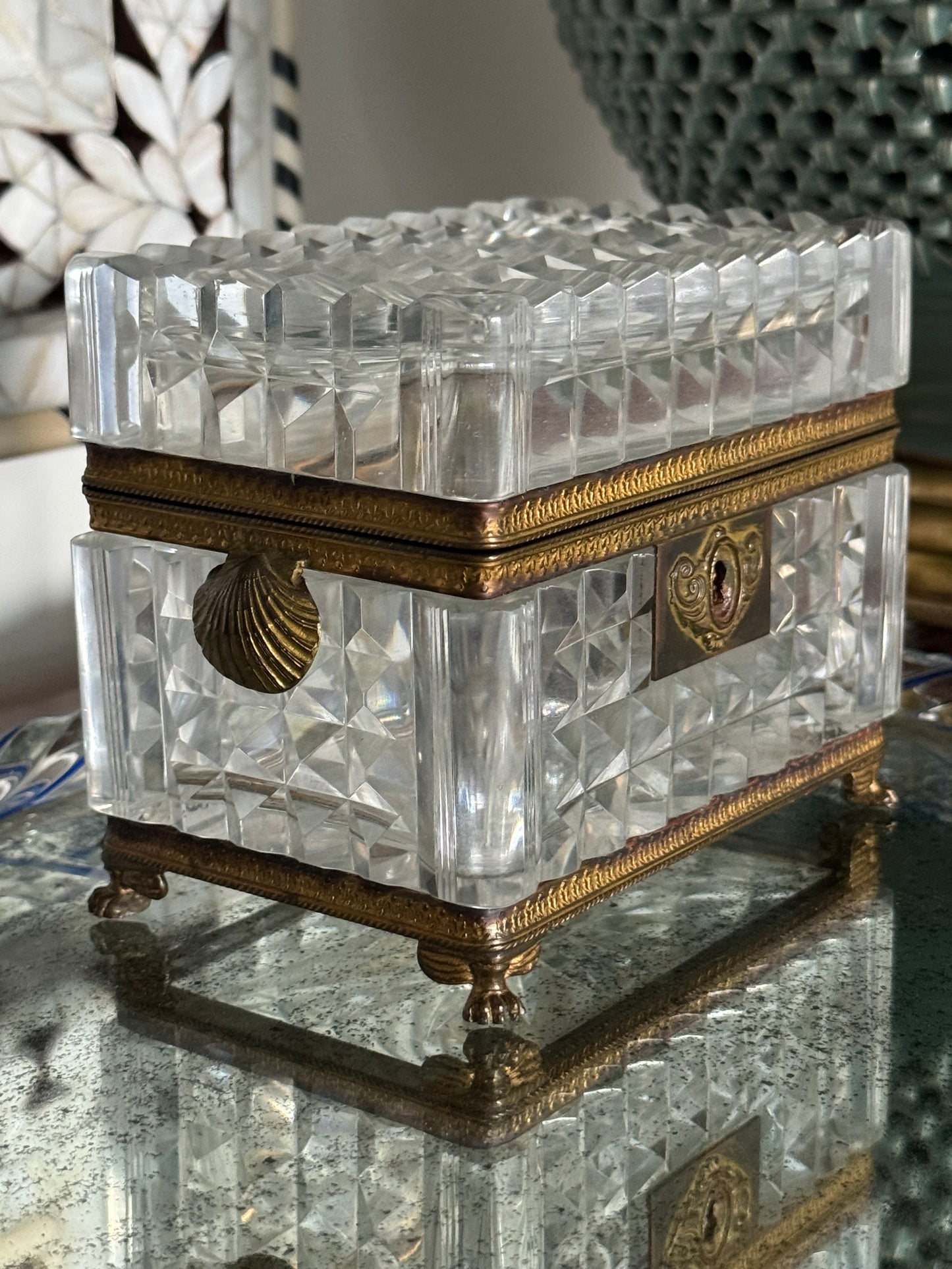 Antique French Crystal Casket Box with Shells