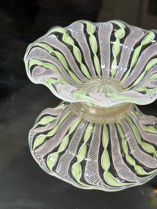 Signed Mint Green Murano Ribbon Bowl