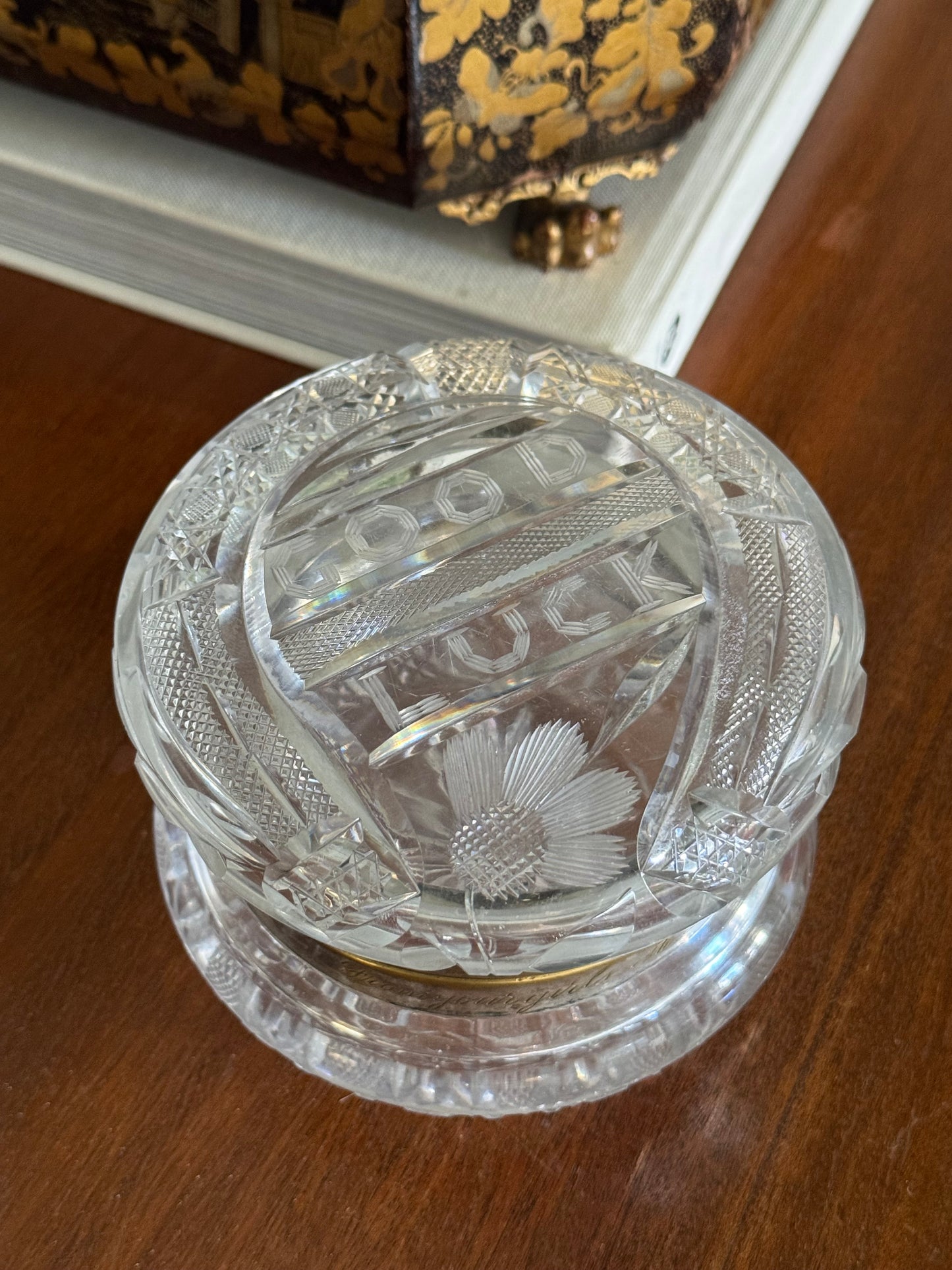Antique Hand Cut “Good Luck” Glass Box