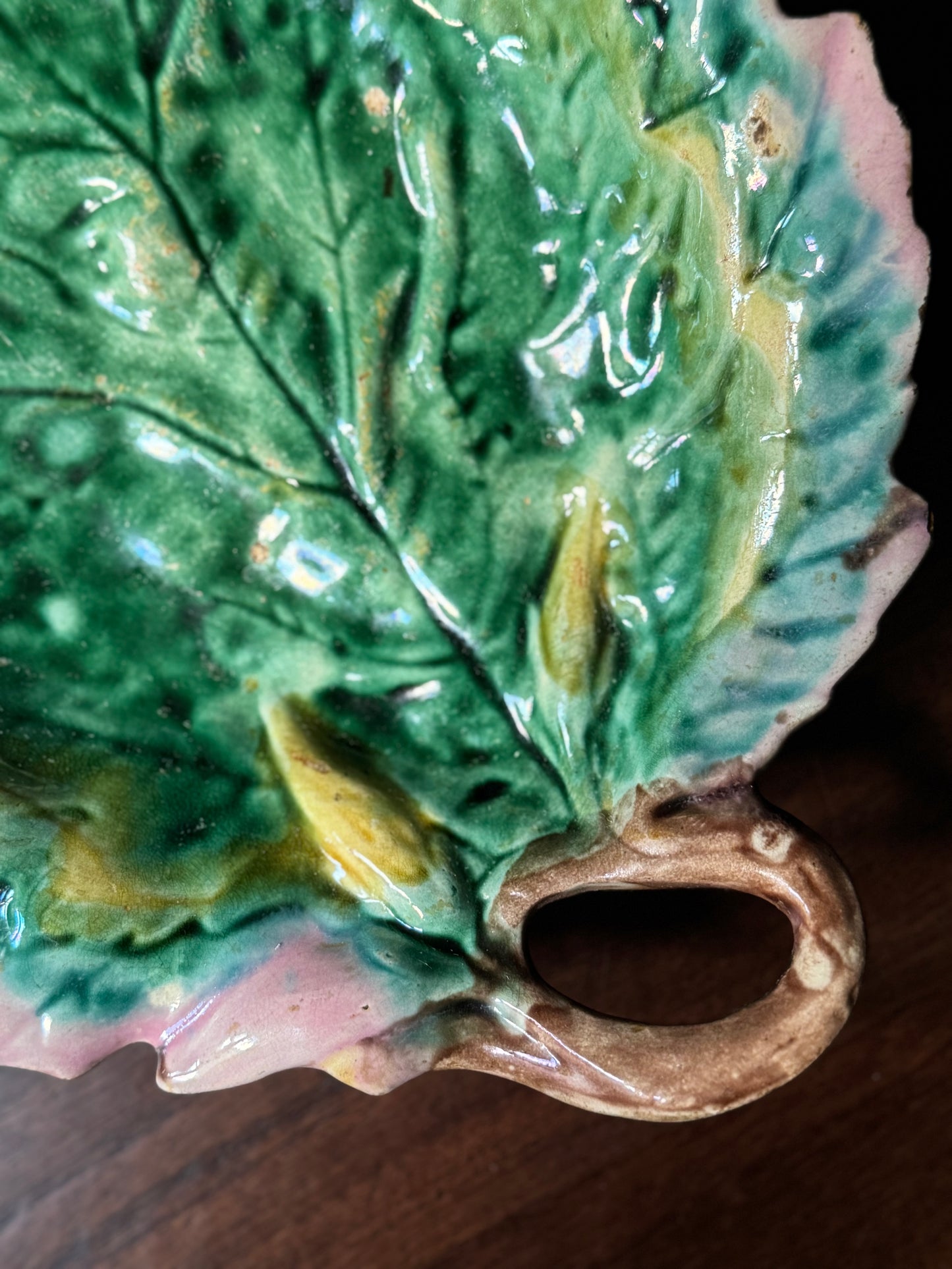 Large Etruscan Majolica Leaf with Twig Handle