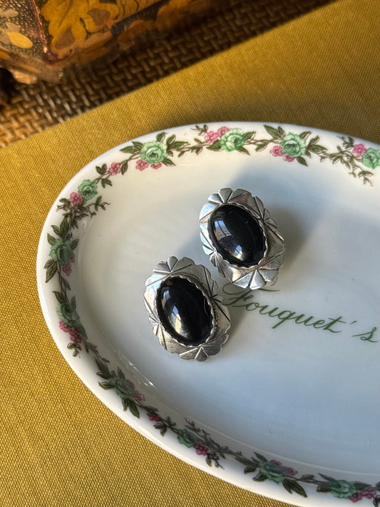 Silver & Onyx Concho Clip Earrings