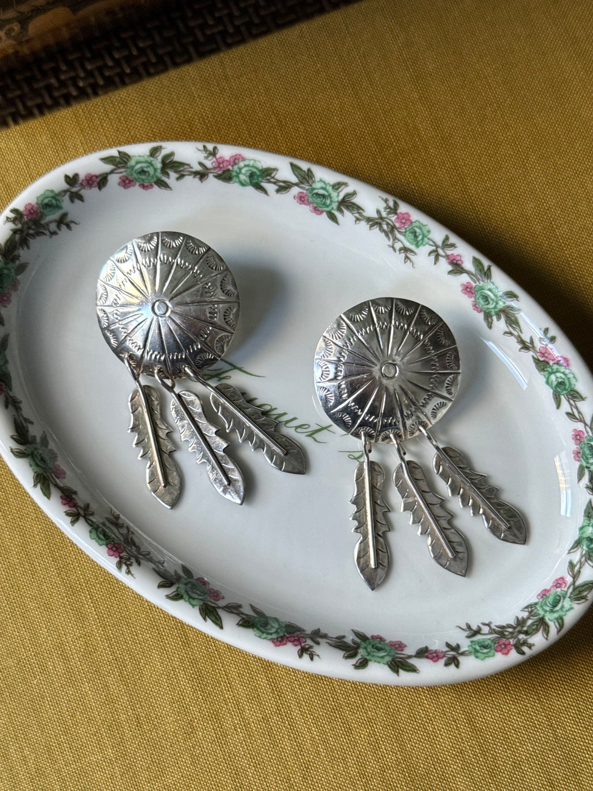 Silver Concho Feather Earrings