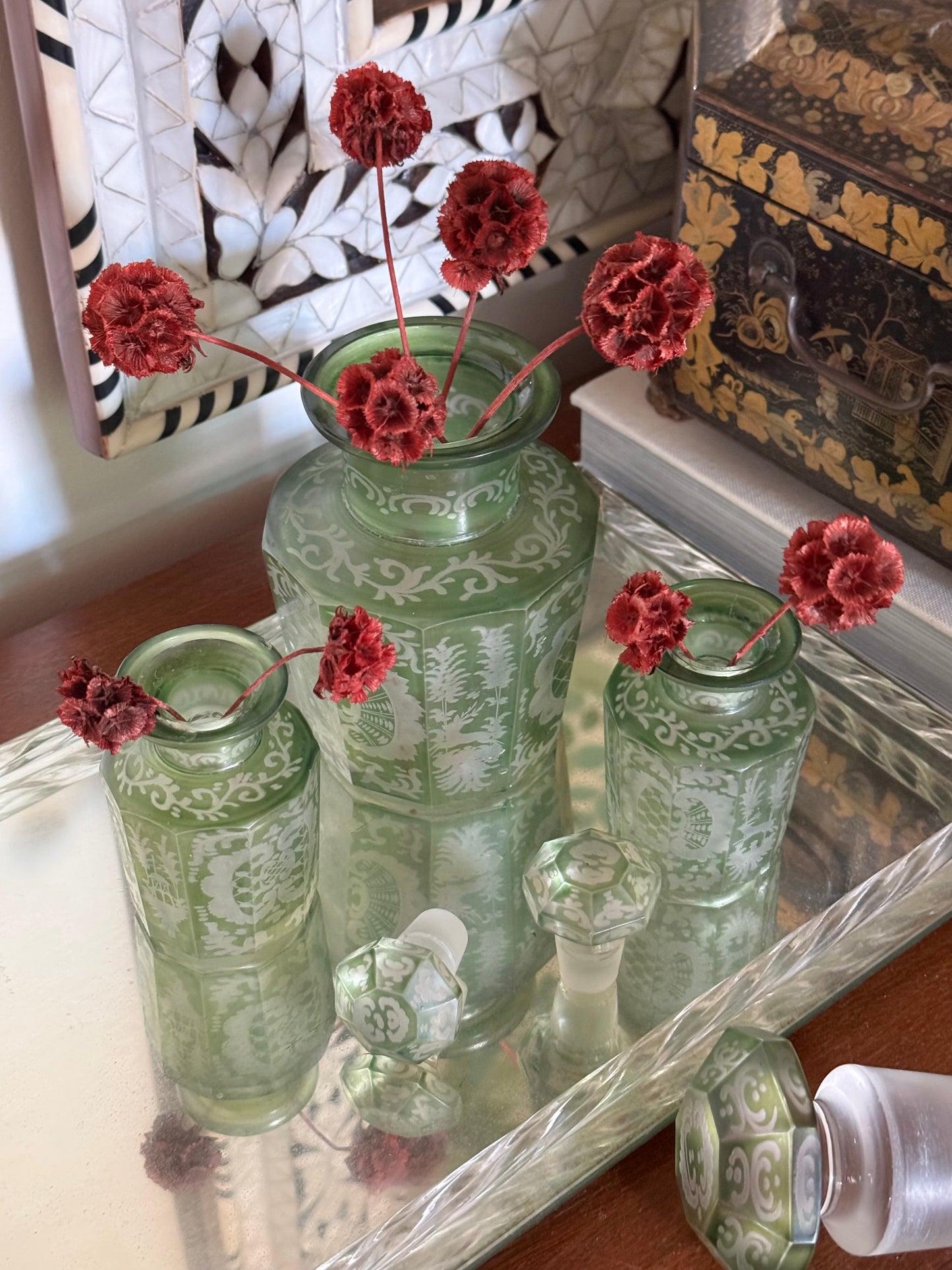 Set of 3 Antique Bohemian Glass Bottles