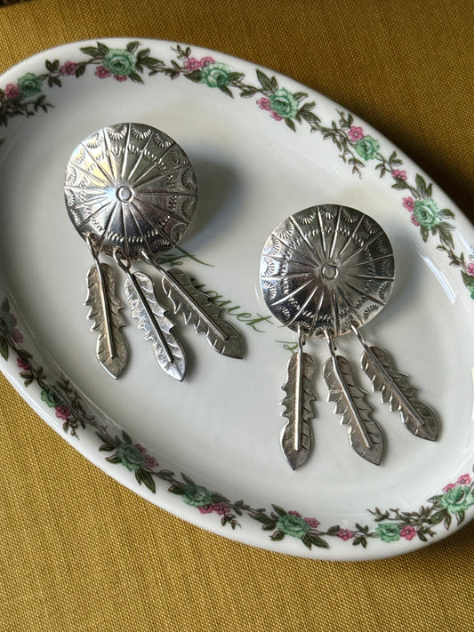 Silver Concho Feather Earrings