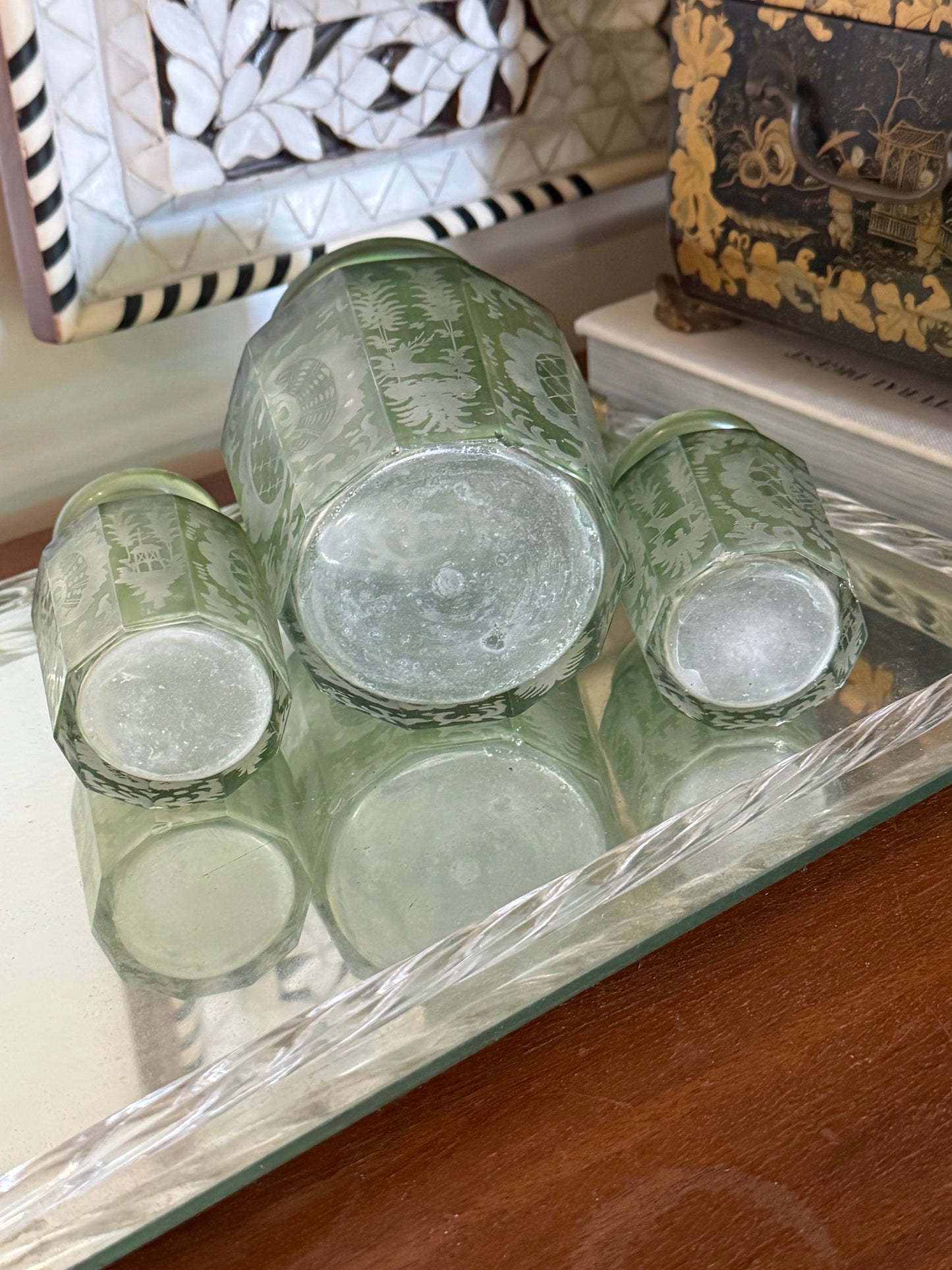 Set of 3 Antique Bohemian Glass Bottles