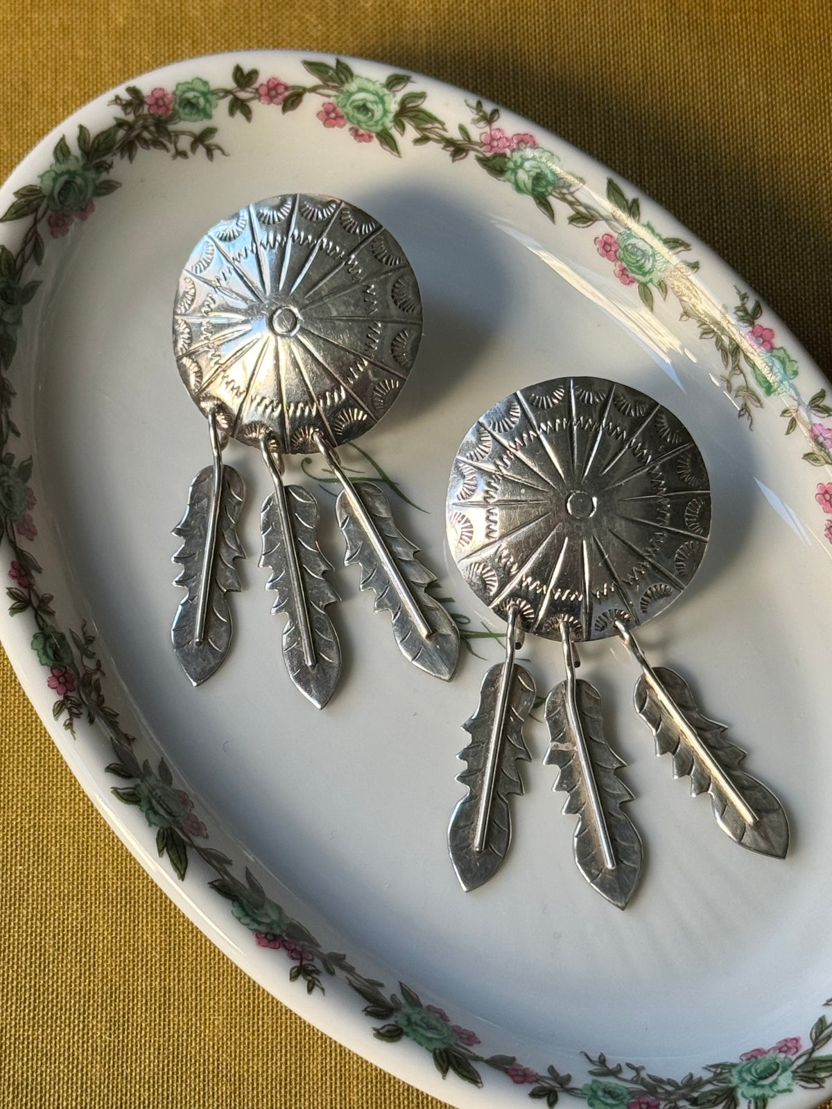 Silver Concho Feather Earrings