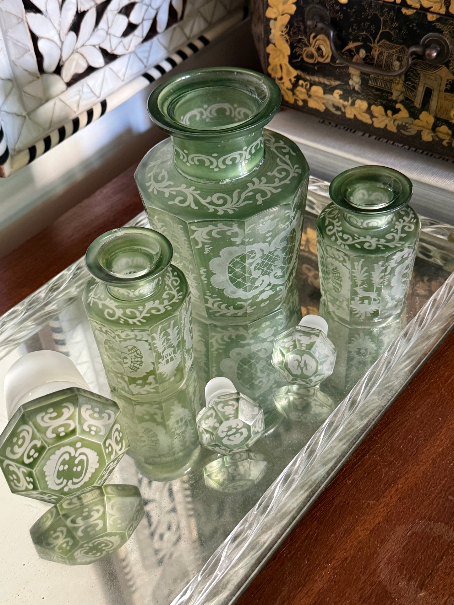 Set of 3 Antique Bohemian Glass Bottles