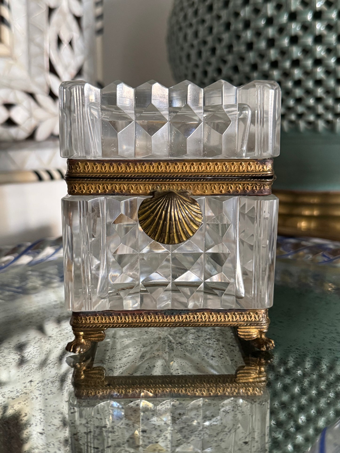 Antique French Crystal Casket Box with Shells