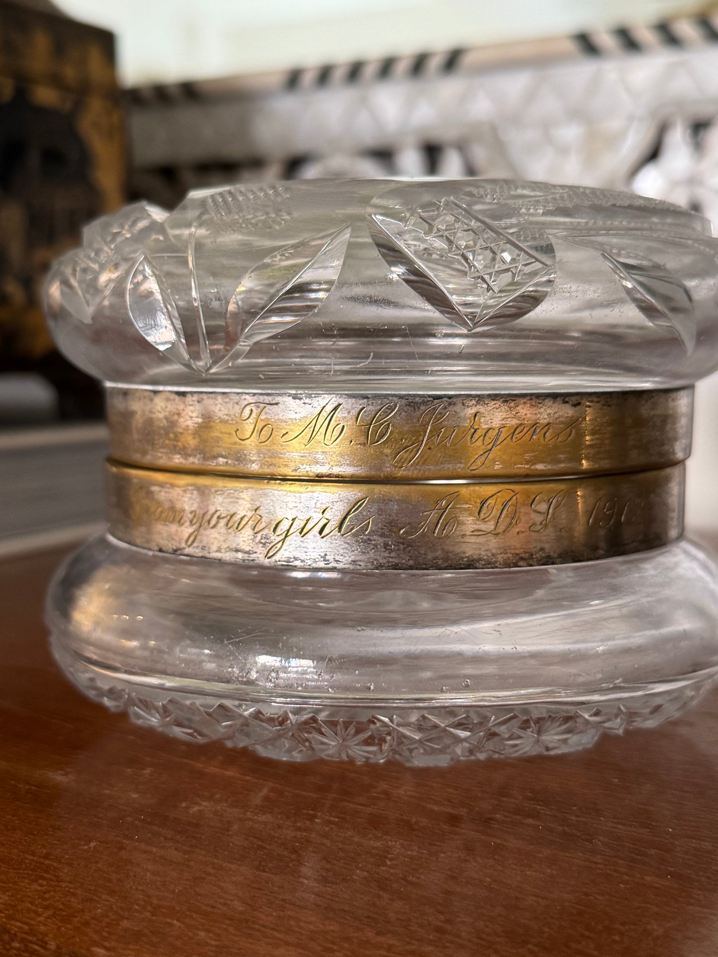 Antique Hand Cut “Good Luck” Glass Box