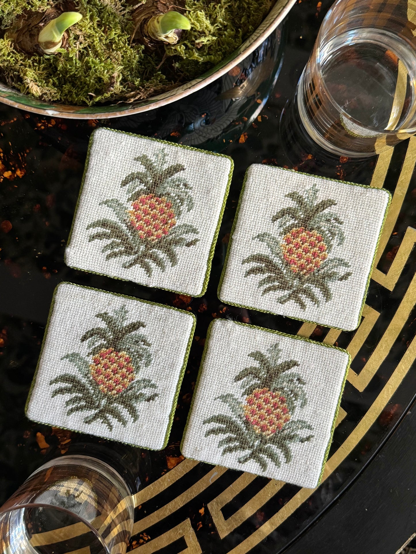 Needlepoint Pineapple Coaster Set