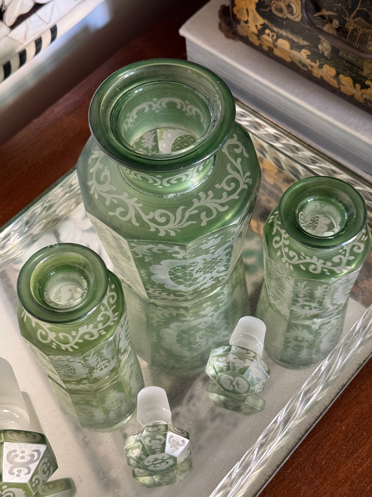 Set of 3 Antique Bohemian Glass Bottles