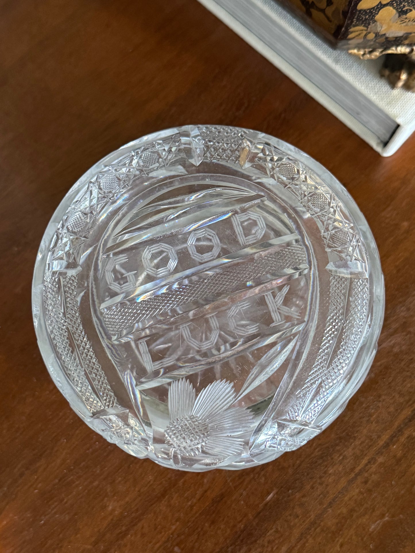 Antique Hand Cut “Good Luck” Glass Box