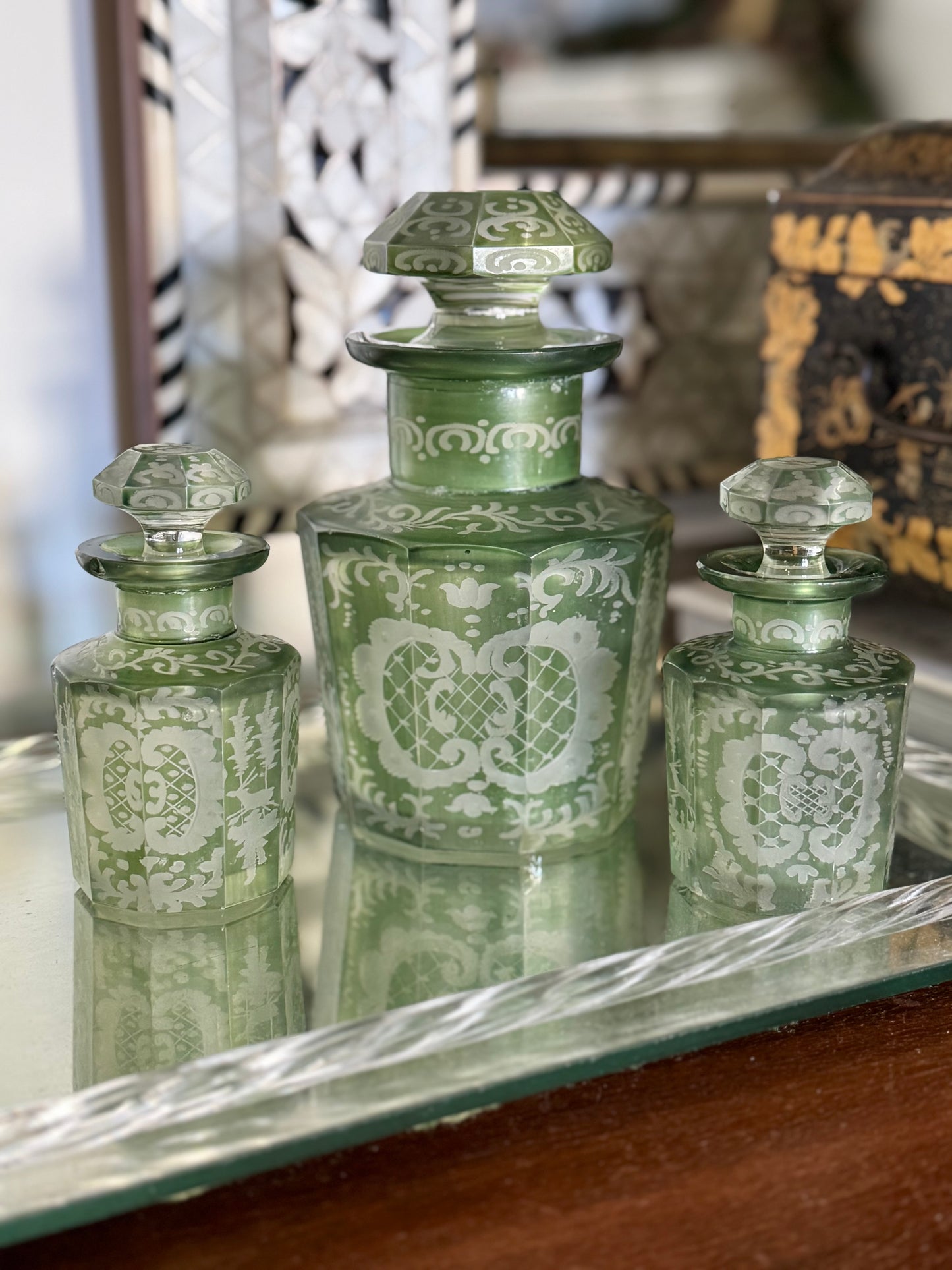 Set of 3 Antique Bohemian Glass Bottles