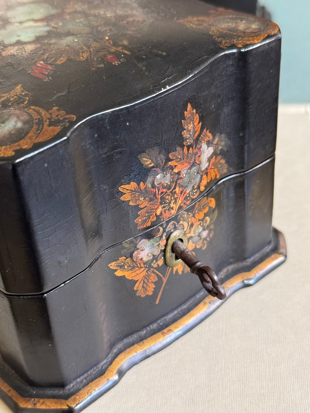 Antique Victorian Papier Mâché Box with Key